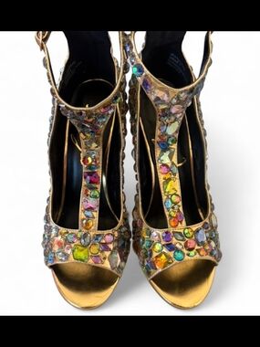 Privileged Gold T-Strap Heels with Multi-Color Gemstones